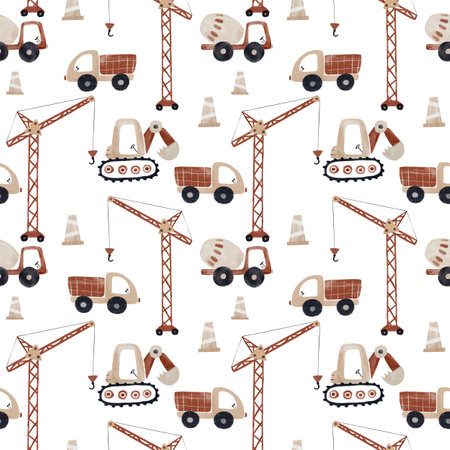 Beautiful seamless pattern with hand drawn cute baby toy illustrations. Construction equipment. Dump truck, concrete mixer, excavator, crane.の写真素材