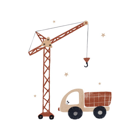 Beautiful hand drawn watercolor illustration with cute baby toys. Construction equipment clip art. Construction craneの写真素材