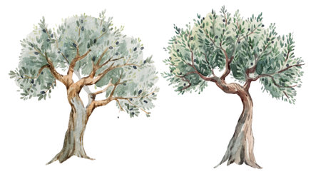 Watercolor hand drawn olive tree illustrations. Clip art stock artwork. Italy, Greece traditional olive tree.の写真素材
