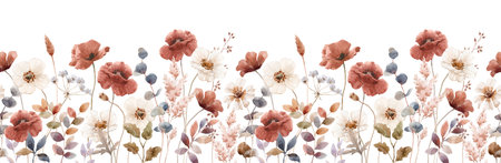 Beautiful horizontal floral seamless pattern with hand drawn watercolor autumn fall colors flowers. Stock floral illustration.の写真素材