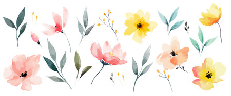 Watercolor vector flower set. Delicate abstract watercolor flowers and leavesのイラスト素材