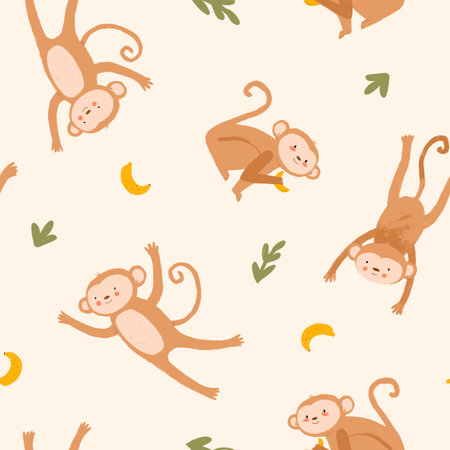 Cute kids seamless pattern with hand drawn monkey. Childrens print. Stock baby illustration. Surface background and wallpaper design.の写真素材