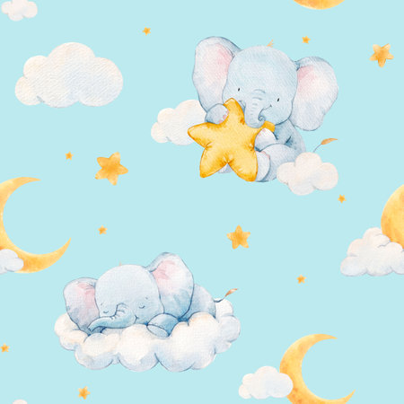 Beautiful childish watercolor hand drawn seamless pattern with cute baby elephants. Kids clipart print. Stock baby illustration.の写真素材