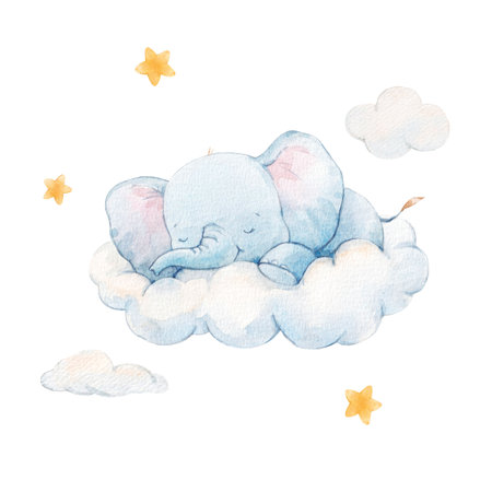 Beautiful childish watercolor hand drawn illustration with cute sleeping baby elephant. Kids clipart print. Stock baby illustration.の写真素材