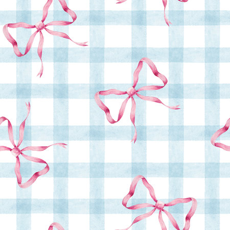 Beautiful geometric seamless pattern with watercolor hand drawn pink bows and blue stripes. Stock illustration. Wallpaper design.の写真素材
