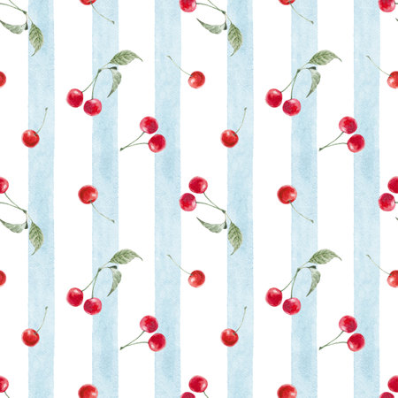 Beautiful geometric seamless pattern with hand drawn watercolor blue stripes and red cherries. Stock illustration. Wallpaper design.の写真素材