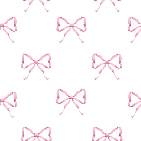 Beautiful geometric seamless pattern with watercolor hand drawn pink bows and blue stripes. Stock illustration. Wallpaper design.の写真素材