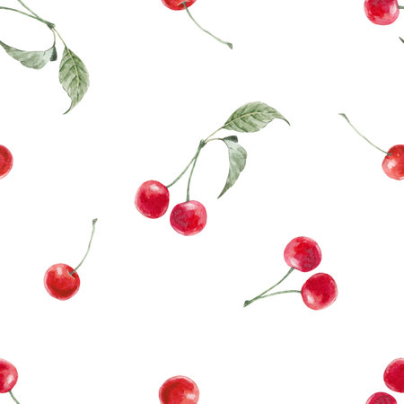 Beautiful geometric seamless pattern with hand drawn watercolor red cherries. Stock illustration. Wallpaper design.の写真素材
