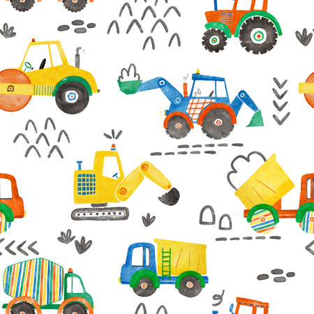 Beautiful childish seamless pattern with hand drawn watercolor kids toys illustrations. Construction equipment concrete mixer dump truck excavator tractor.の写真素材