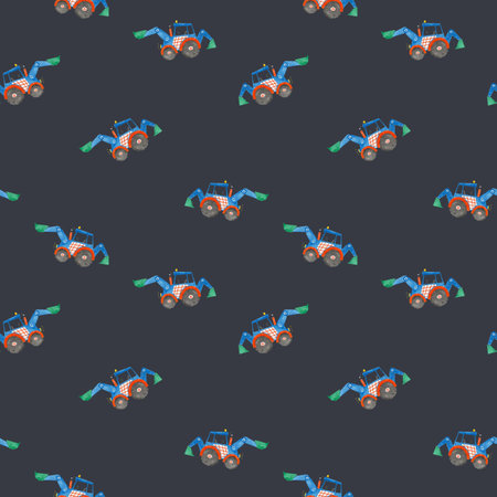 Beautiful childish seamless pattern with hand drawn watercolor kids toys illustrations. Construction equipment concrete mixer dump truck excavator tractor.の写真素材