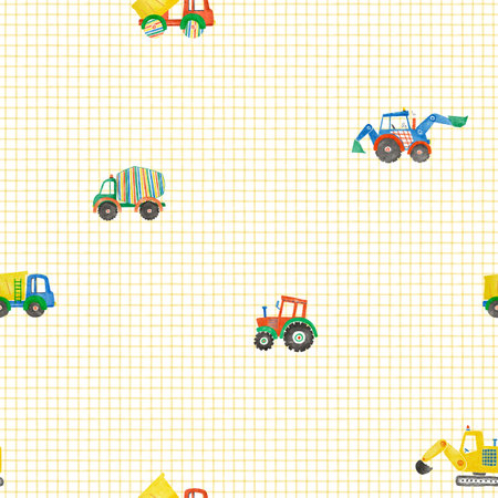 Beautiful childish seamless pattern with hand drawn watercolor kids toys illustrations. Construction equipment concrete mixer dump truck excavator tractor.の写真素材