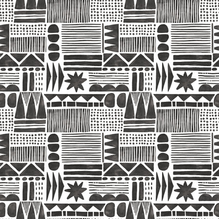 Beautiful seamless pattern with watercolor hand drawn traditional African ornament. Ethnic style print design. Patchwork.の写真素材