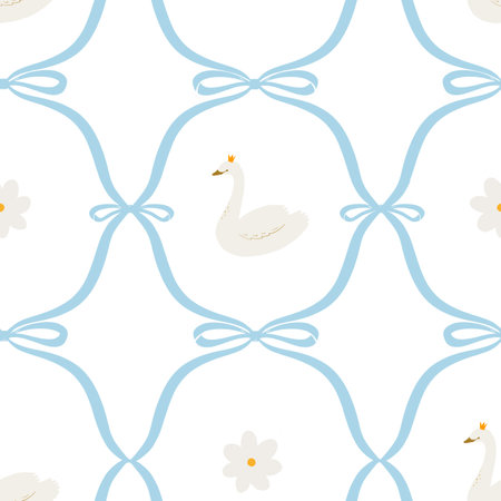 Beautiful seamless pattern in old vintage retro style with ornament and swan illustrations. Wallpaper print design. Stock illustration.の写真素材