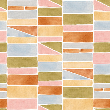 Beautiful abstract seamless pattern with colorful watercolor geometric ornament. Abstract patchwork print design. Stock illustration.の写真素材