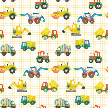 Beautiful childish seamless pattern with hand drawn watercolor kids toys illustrations. Construction equipment concrete mixer dump truck excavator tractor.の写真素材