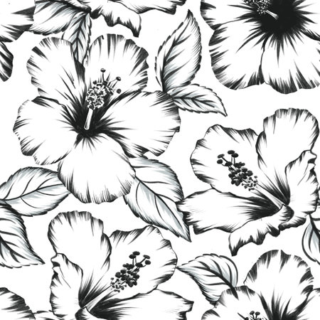 Beautiful tropical floral seamless pattern with hand drawn hibiscus flowers. Ready floral print design.の写真素材