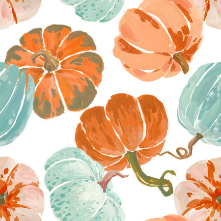 Beautiful vector autumn seamless pattern with hand drawn gouache pumpkin illustrations. Fall design print. Stock illustration.のイラスト素材