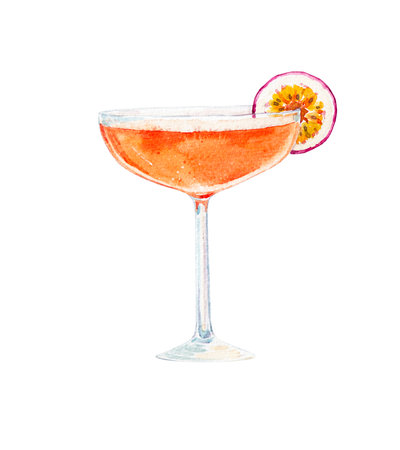 Watercolor Passion Martini illustration. Alcohol long drink clipart. Glass of cocktail. Club shake beverage hand drawn illustration. Stock print.の写真素材