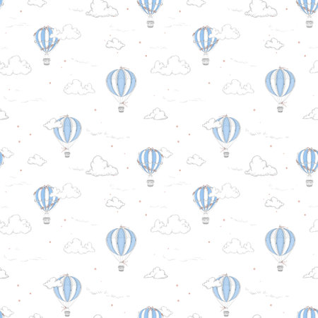 Beautiful seamless pattern with hand drawn air balloons and clouds. Stock illustration. Ready print design.の写真素材