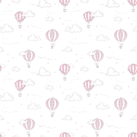 Beautiful seamless pattern with hand drawn air balloons and clouds. Stock illustration. Ready print design.の写真素材