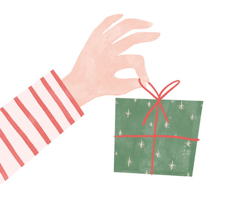 Hand with gift. Naive style watercolor illustration. Christmas clip art for invitation cards and presents.の写真素材