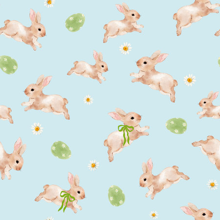 Baby rabbit pattern in beige adorned with flowers and ribbon bows. This cute spring and Easter bunny surface design features adorable watercolor hand-drawn rabbits.の写真素材