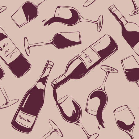 Naive drawing pattern with bottles in Dolce Vita aesthetic. Hand-drawn chalk wine illustrations. A collection of whimsical doodle line art. Vintage ink elements for menus and postersの写真素材