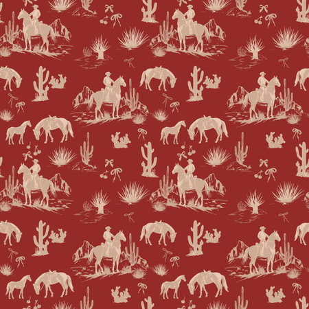 Cute Rodeo Cowboys seamless pattern. desert landscape with cacti repeating background. Wild West surface pattern design for All fabric and Printsの写真素材