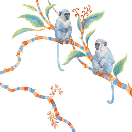 Cute hand drawn Watercolor Monkeys on Colorful Tree Branchesの写真素材