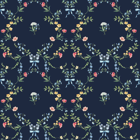 Watercolor floral wreath pattern hand-painted wildflowers and leaves with ribbon on white background...
