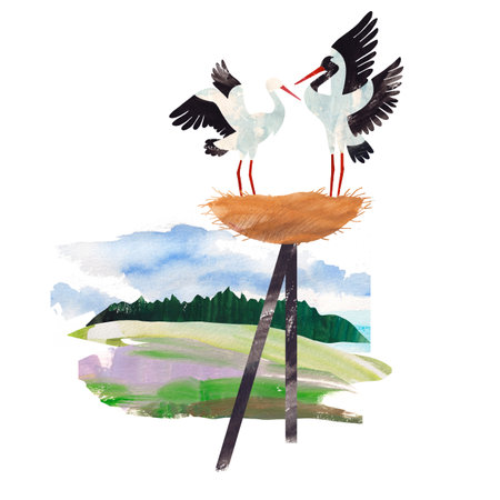 Watercolor illustration of two storks standing together. Romantic hand-painted bird couple perfect for wedding themes, nursery prints, nature decor, or spring-themed designs.の写真素材