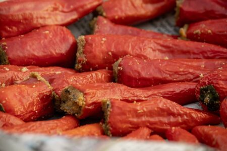 Pickling red chillies with anise and mustard seedsの写真素材