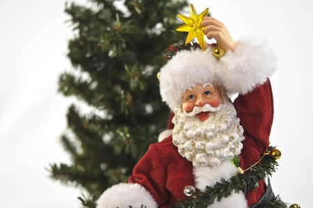 Santa with star in front of pine treeの写真素材