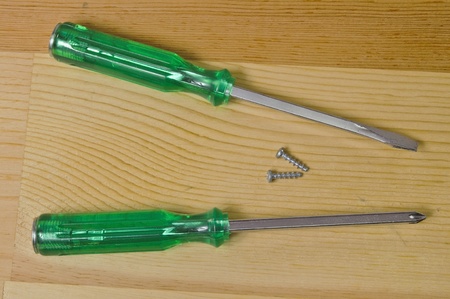 two screwdrivers one slotted one philips on wood background