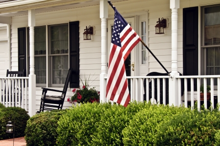 Front porch of white colonial houseの写真素材