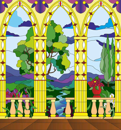 stained glass window - the view from the balcony of the castle across the valleyのイラスト素材