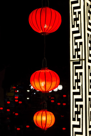 Glowing red Chinese lanterns in Chinese new year eve. Holiday backgroundの写真素材