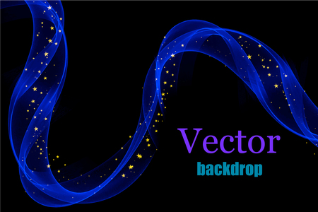 Blue glowing waves with shiny golden glitters on black background. Abstract festive vector illustrationのイラスト素材