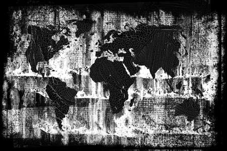 Grunge antique world map on old grungy wall. Scratch surface. Black white illustrationの写真素材