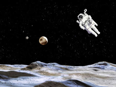 Spaceman in a spacesuit in outer space. Astronaut landing on a planet. Cosmonaut explore unknown...