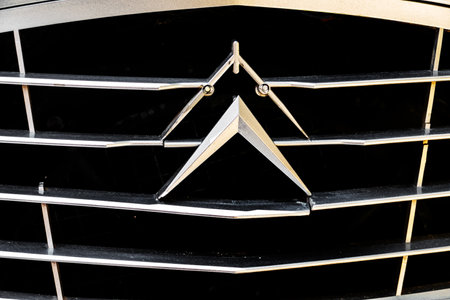 Grid grille in the hood with logo Ciroen close up on the classic Citroen vintage car in Danang, Vietnam - march, 09, 2020のeditorial素材