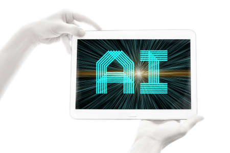 Human bionic hands holding electronic device on white background.  Artificial intelligence...