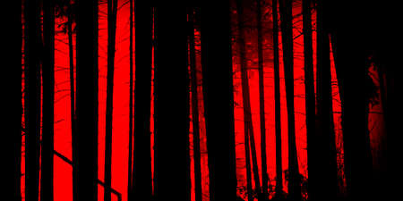 Glow of a forest fire. Wildfire. Burning trees in the forest. Abstract illustrationの写真素材