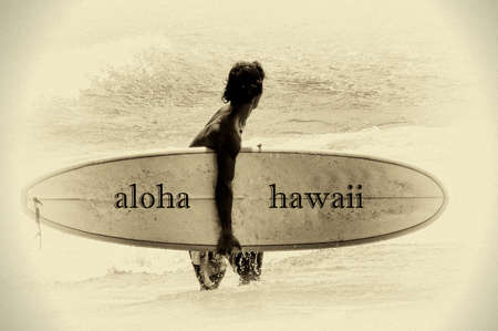 Guy with longboard for surfing standing in the ocean. Old postcard style.
