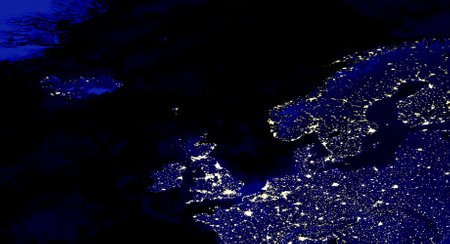 North European continent electric lights map at night. City lights. Map of Great Britain Germany...