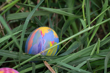 Easter eggs in Green Grass. Selective focus.