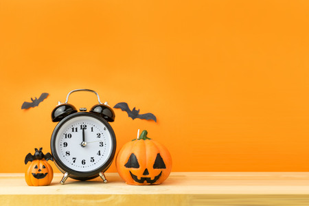 Halloween Pumpkins on wooden tableの写真素材