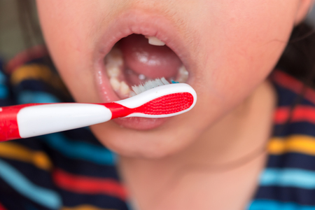 Little asian cute girl brush teethの写真素材