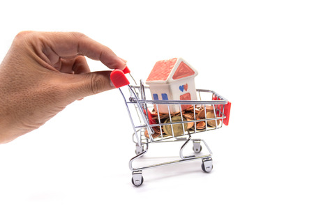 House model in mini shopping cart with stack of coins money on white blackgroundの写真素材