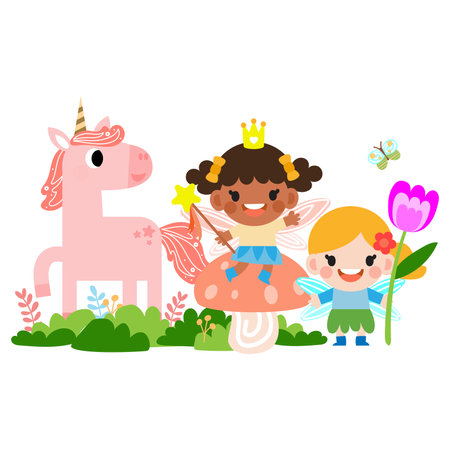 Fairy and Unicorn illustration with rainbow, stars, hearts, clouds, in cartoon style clipartのイラスト素材